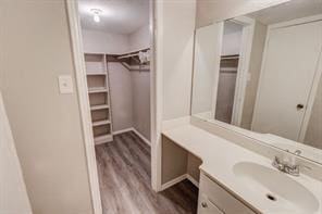 bathroom with vanity and hardwood / wood-style floors