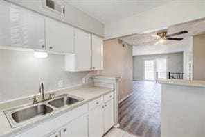 kitchen with white cabinetry, sink, and ceiling fan