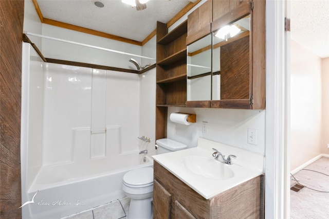 full bathroom with toilet, shower / bathing tub combination, a textured ceiling, vanity, and tile patterned flooring