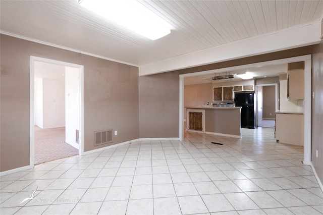 interior space with crown molding, light tile patterned floors, and wood ceiling