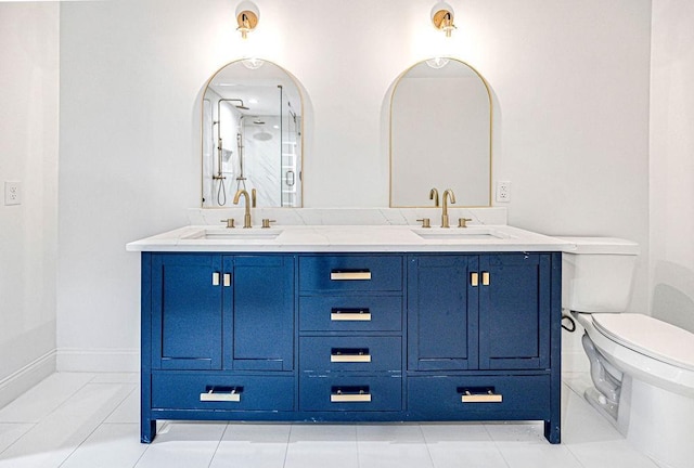 bathroom with walk in shower, vanity, toilet, and tile patterned flooring