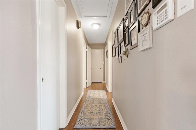 hallway with wood finished floors and baseboards