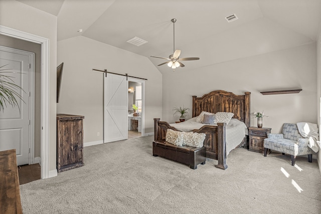 920 Windrock Ln, Prosper, TX 75078 - carpeted bedroom featuring vaulted ceiling, a barn door, baseboards, ceiling fan, and ensuite bathroom