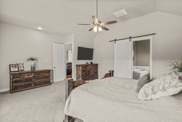 920 Windrock Ln, Prosper, TX 75078 - bedroom featuring vaulted ceiling, a barn door, carpet, ceiling fan, and recessed lighting