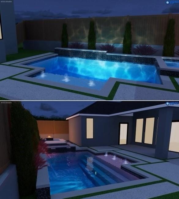 view of pool with a patio, pool water feature, and an in ground hot tub