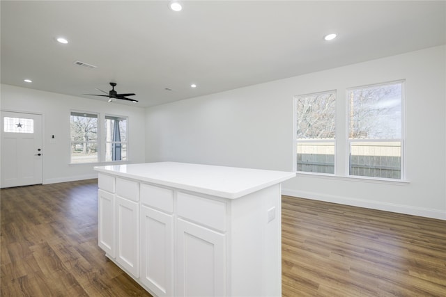 kitchen with white cabinetry, a center island, and dark wood-type flooring