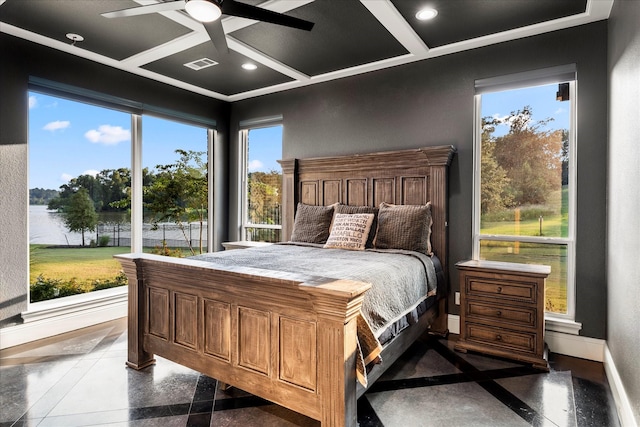 bedroom featuring a water view, ceiling fan, and coffered ceiling