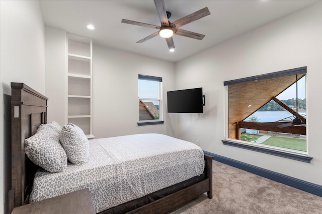 bedroom with recessed lighting, carpet floors, a ceiling fan, and baseboards