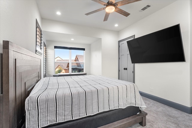 bedroom with baseboards, visible vents, recessed lighting, ceiling fan, and carpet floors