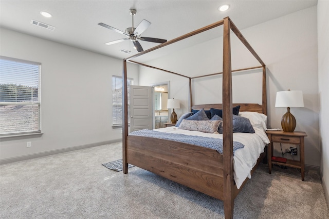 carpeted bedroom featuring ceiling fan