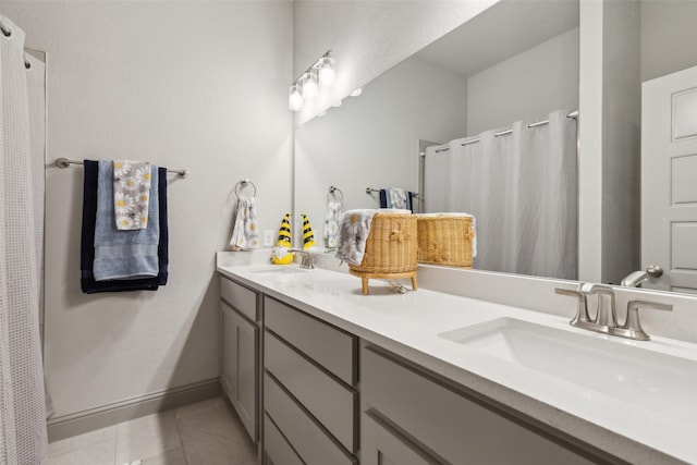 bathroom with vanity, tile patterned floors, and a shower with shower curtain