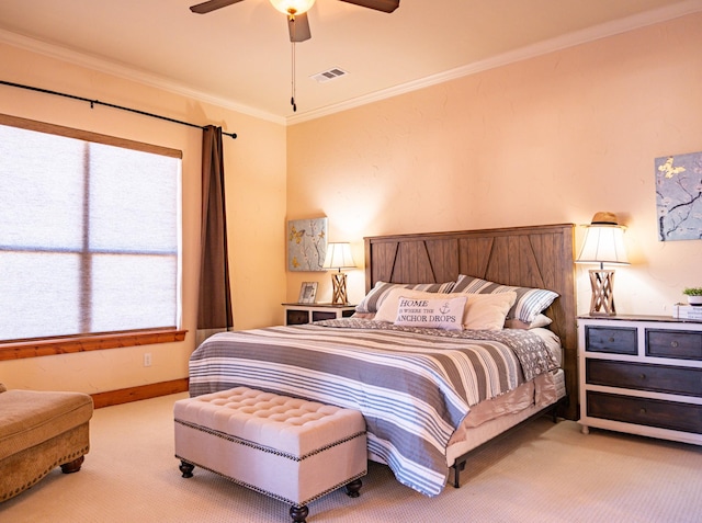 carpeted bedroom featuring crown molding, ceiling fan, and multiple windows