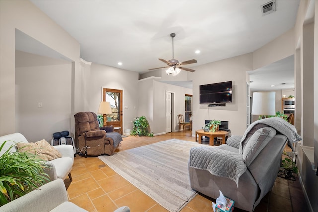 living room with ceiling fan