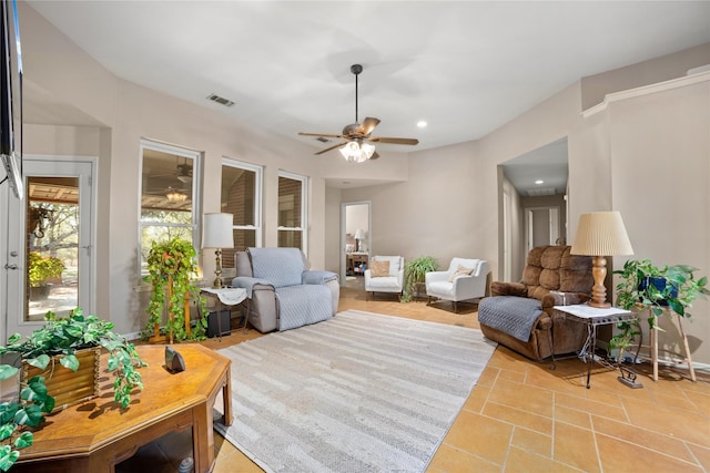 living room with ceiling fan