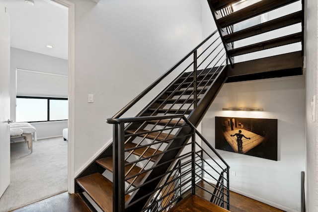 staircase featuring carpet flooring