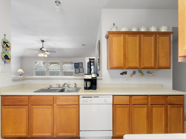 kitchen featuring white dishwasher, sink, and ceiling fan