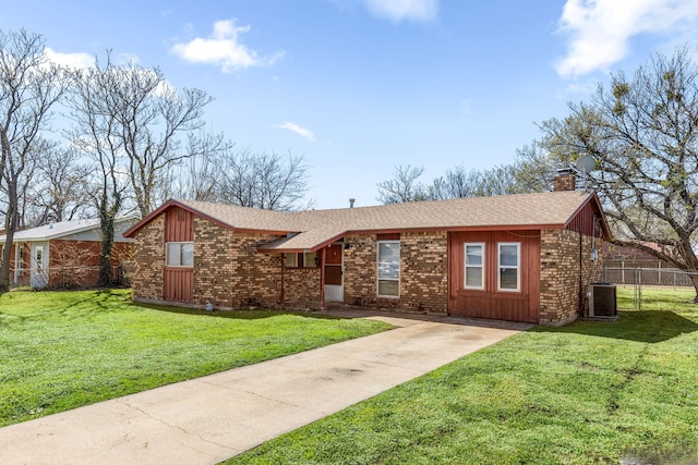 single story home with central AC and a front lawn