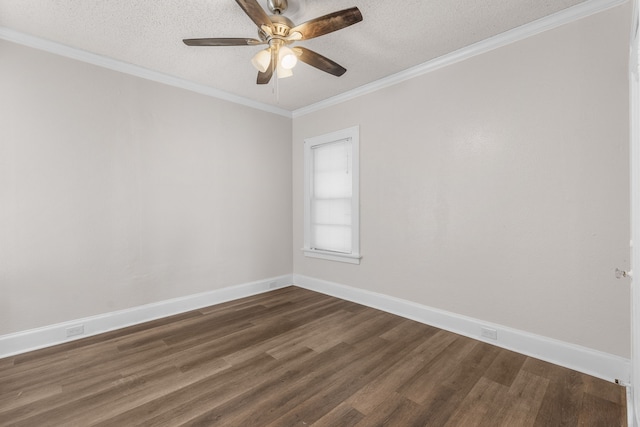 spare room featuring ceiling fan, crown molding, dark hardwood / wood-style floors, and a textured ceiling