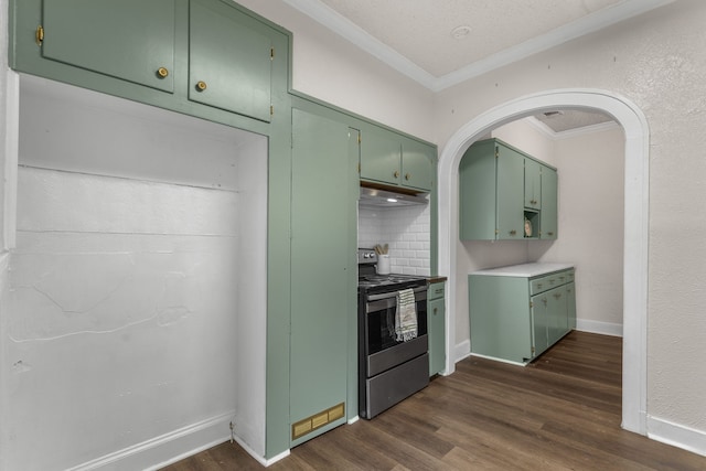 kitchen with stainless steel range with electric cooktop, dark hardwood / wood-style flooring, backsplash, ornamental molding, and green cabinets