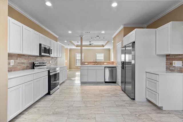 kitchen with crown molding, stainless steel appliances, a raised ceiling, a sink, and a peninsula