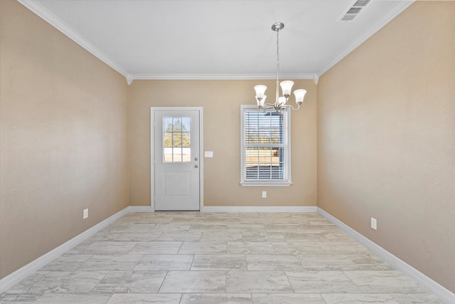 interior space with ornamental molding and a notable chandelier