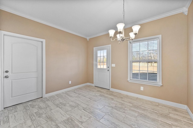 interior space with an inviting chandelier and crown molding