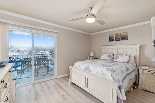 bedroom featuring crown molding, ceiling fan, light hardwood / wood-style flooring, and access to outside