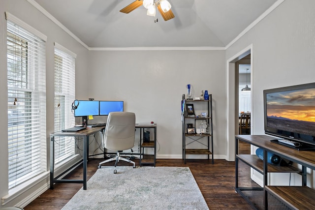 office area featuring ornamental molding, vaulted ceiling, dark wood-type flooring, and ceiling fan