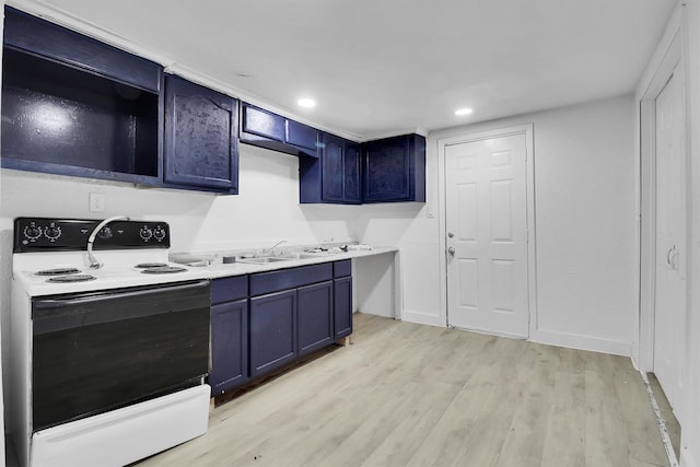 kitchen featuring range with electric stovetop, sink, blue cabinets, and light hardwood / wood-style flooring