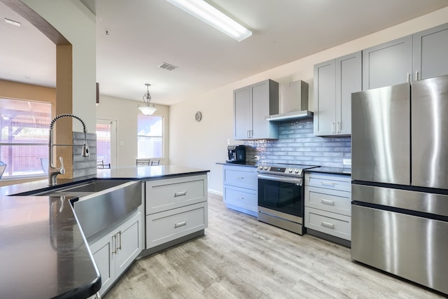 kitchen with gray cabinetry, decorative backsplash, stainless steel appliances, wall chimney range hood, and light wood-type flooring