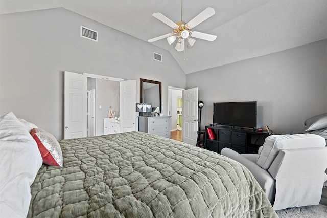 bedroom featuring ceiling fan and vaulted ceiling