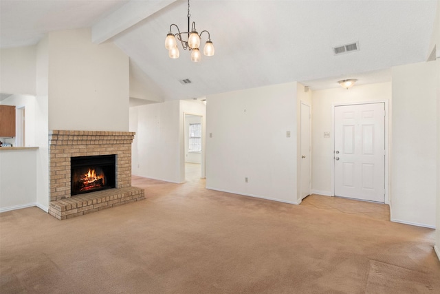 unfurnished living room with a fireplace, light colored carpet, and beamed ceiling