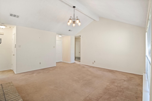 carpeted empty room with high vaulted ceiling, a notable chandelier, and beam ceiling