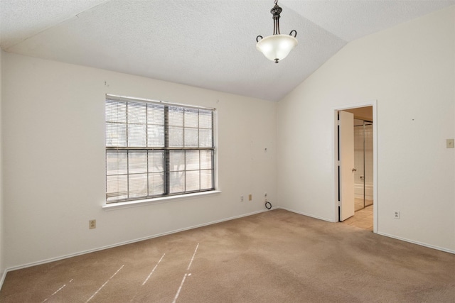 carpeted empty room with lofted ceiling and a wealth of natural light