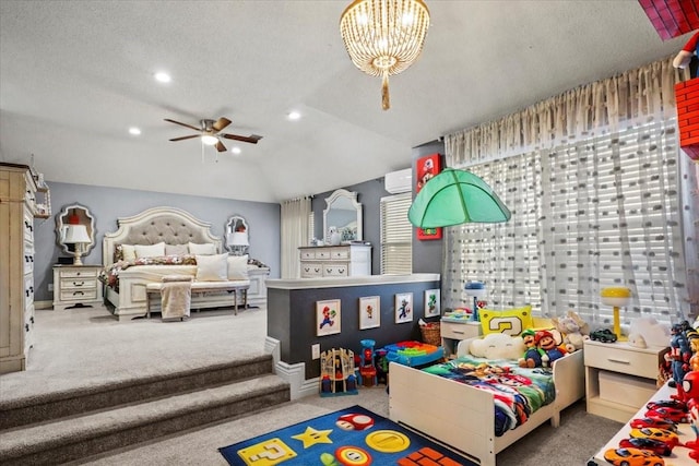 bedroom with vaulted ceiling, light carpet, a textured ceiling, an AC wall unit, and ceiling fan with notable chandelier