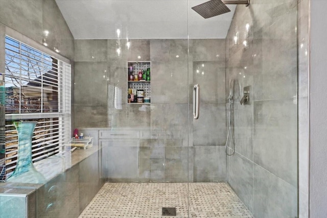 bathroom with lofted ceiling and a shower with shower door