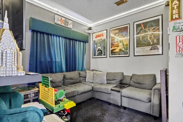 living room with crown molding and a textured ceiling