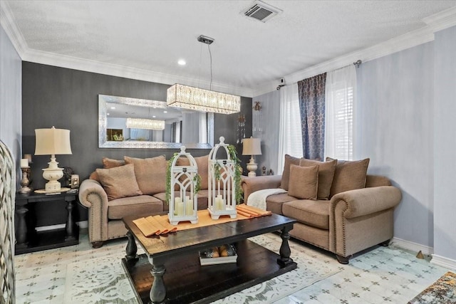 living room with crown molding and a textured ceiling