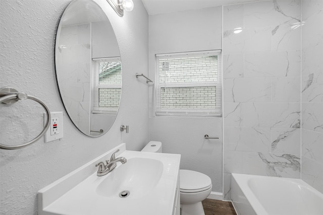 full bathroom featuring shower / bathtub combination, vanity, toilet, and wood-type flooring