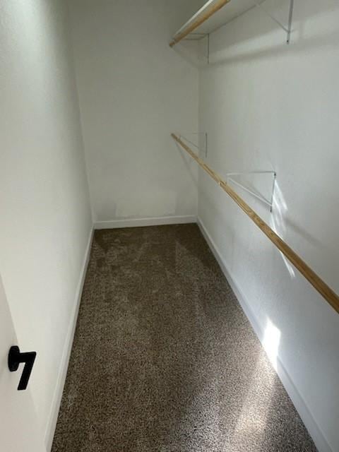 walk in closet with dark colored carpet