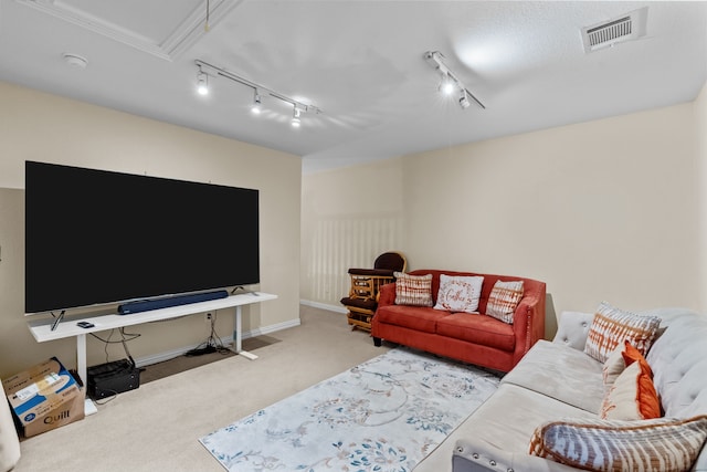 carpeted living room featuring rail lighting