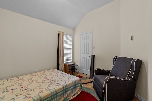 bedroom featuring lofted ceiling