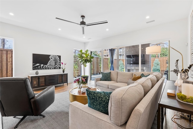 living room featuring ceiling fan and light hardwood / wood-style flooring