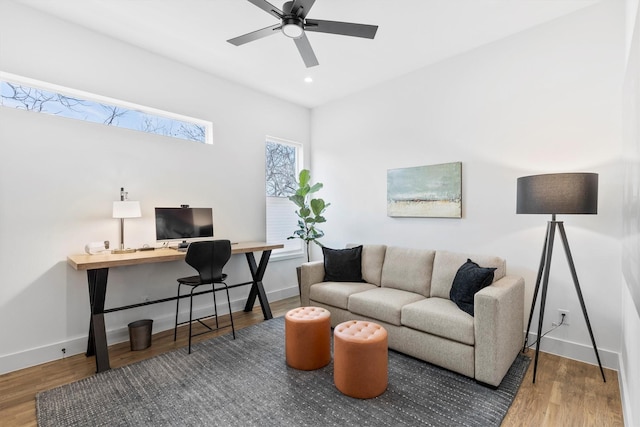 office with hardwood / wood-style floors and ceiling fan