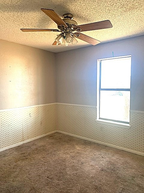 spare room featuring ceiling fan, a textured ceiling, and carpet