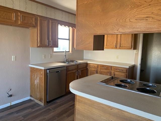 kitchen with stainless steel dishwasher, dark hardwood / wood-style flooring, cooktop, and sink