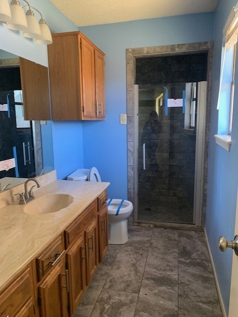 bathroom featuring vanity, toilet, and an enclosed shower