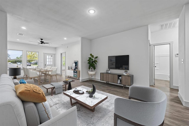 living room with wood-type flooring and ceiling fan