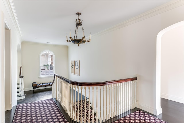 hallway with crown molding, dark hardwood / wood-style floors, and a chandelier