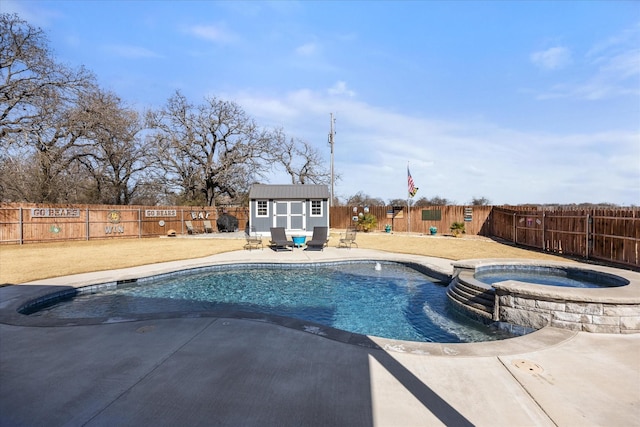 view of swimming pool featuring an in ground hot tub, a patio, and a shed